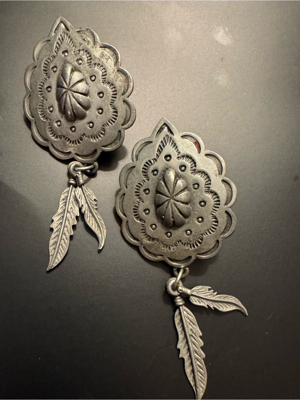 Vintage JJ Concho Feather Dangle Earrings